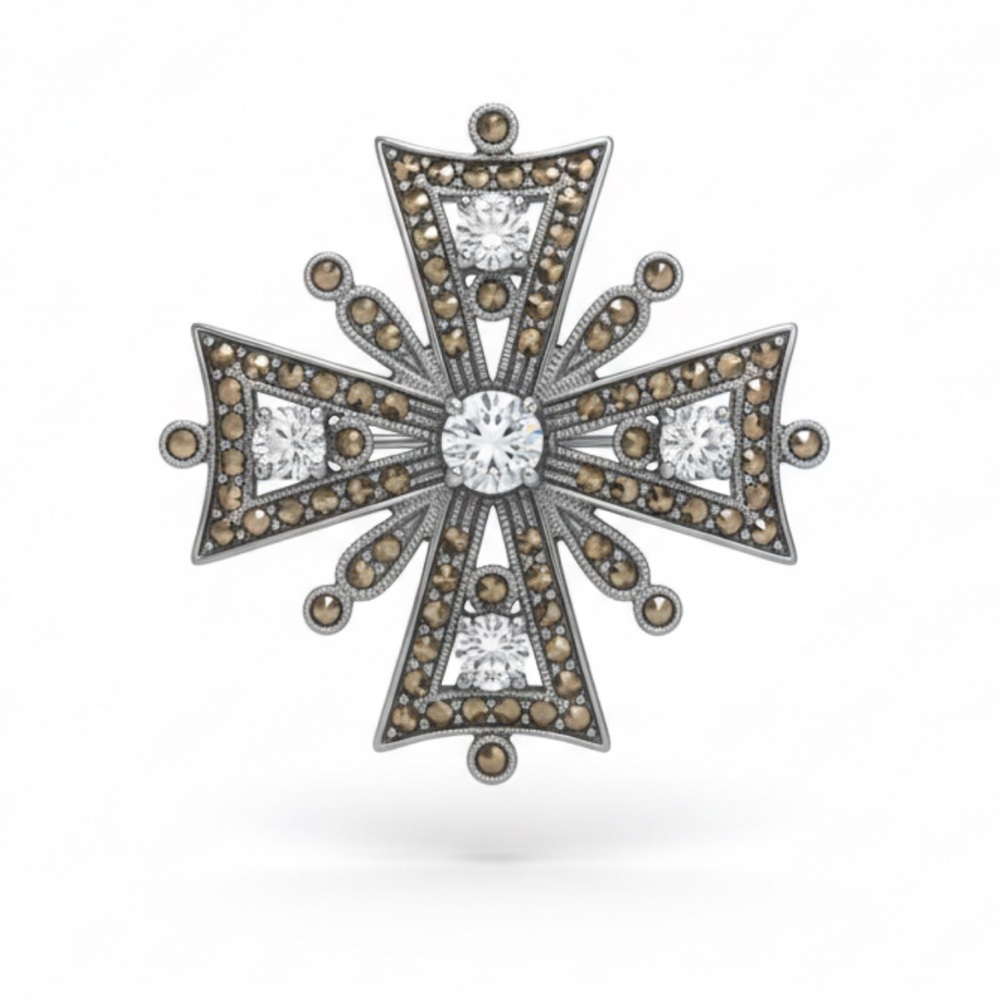 Vintage Sterling Silver Gothic Marcasite & Rhinestones Maltese Cross Pendant
